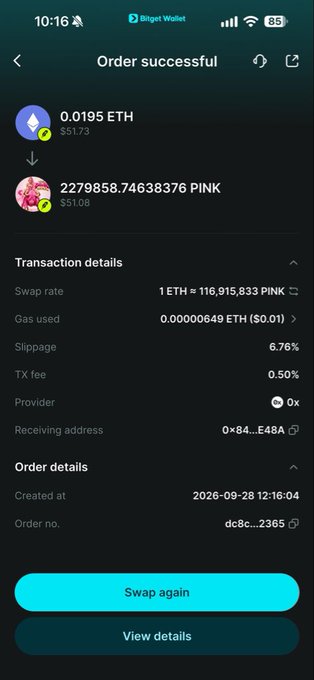 A screenshot of a Bitget Wallet app showing an "Order successful" transaction of swapping 0.0195 ETH ($51.73) for 22,798,558.74638376 PINK ($51.08), with transaction details like gas used and slippage listed.