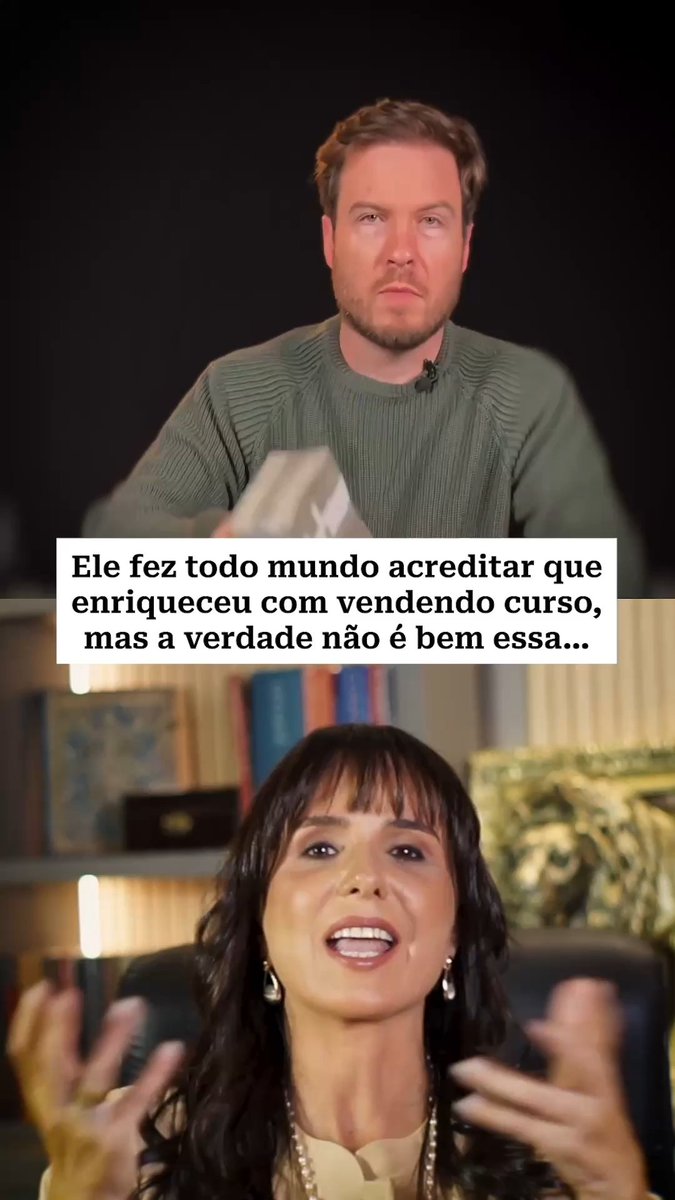 A split image with a man holding a book on top and a woman speaking below, with Portuguese text reading "Ele fez todo mundo acreditar que enriqueceu com vendendo curso, mas a verdade não é bem essa..."