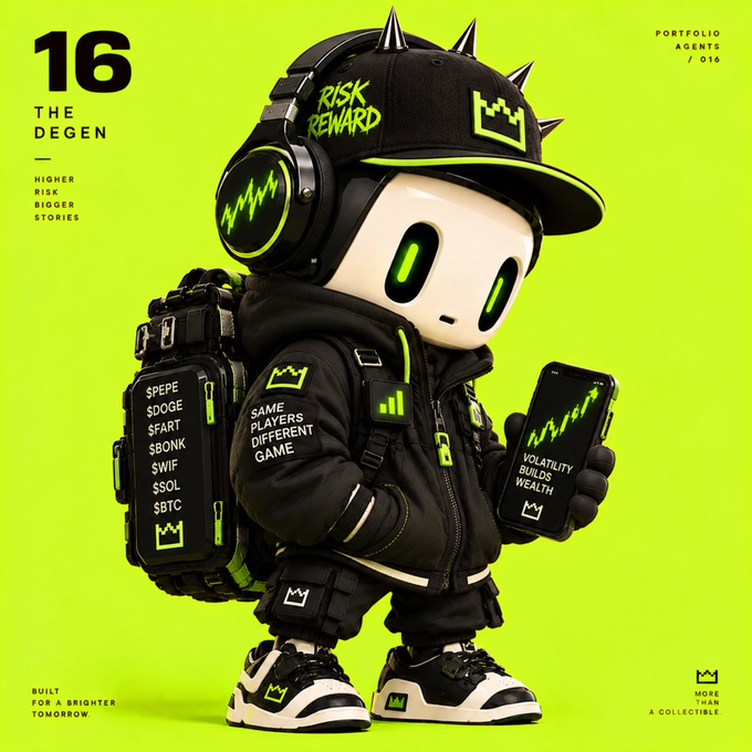 A stylized digital art poster featuring a hooded figure with green digital eyes, headphones, and a spiked cap, labeled "16 THE DEGEN" with "RISK REWARD" on the hat.