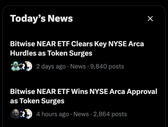 A news feed titled "Today's News" displaying two headlines about the Bitwise NEAR ETF, including "Bitwise NEAR ETF Clears Key NYSE Arca Hurdles as Token Surges" and "Bitwise NEAR ETF Wins NYSE Arca Approval as Token Surges."