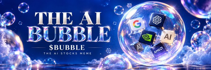 The image is a vibrant banner titled "THE AI BUBBLE $BUBBLE" with the tagline "THE AI STOCKS MEME," featuring floating bubbles containing logos of major AI companies including Google, AMD, and others. It serves as the promotional banner for the Solana meme token $BUBBLE, which playfully riffs on the AI stock market boom.