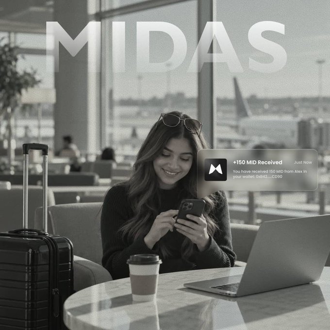 A grayscale promotional image for MIDAS showing a woman smiling at her phone in an airport setting, with a notification reading '+150 MID Received - You have received 150 MID from Alex in your wallet: 0x842...CD9D' overlaid next to her.