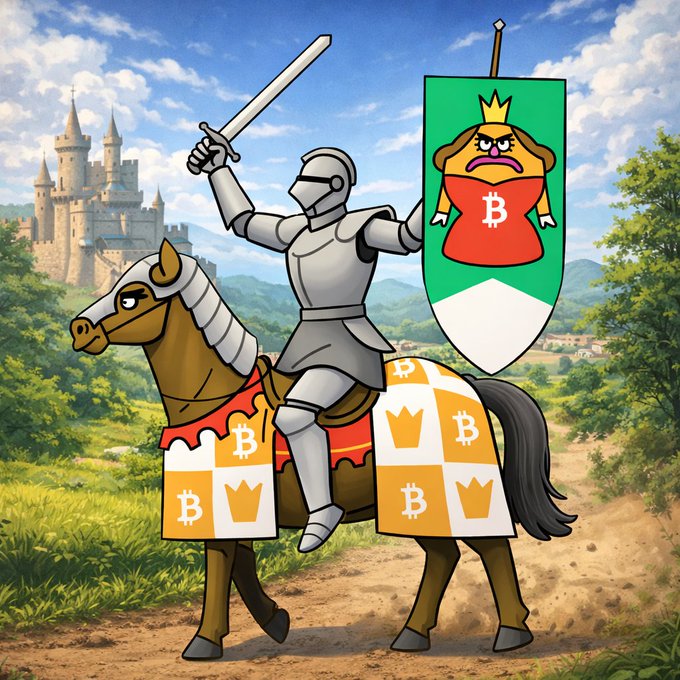 A cartoon illustration depicts a knight in armor riding a horse decorated with Bitcoin symbols, holding a shield featuring a crowned Bitcoin character with a castle in the background.