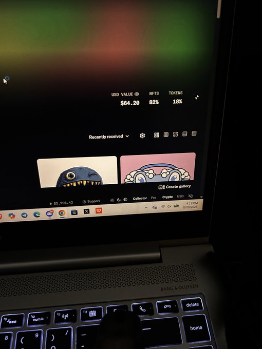 A laptop screen displays a crypto/NFT wallet dashboard showing a USD value of $64.20, with 82% in NFTs and 18% in tokens, visually reinforcing the post's lament about losing nearly $200 down to just $64 after trading NFTs for 9 days.