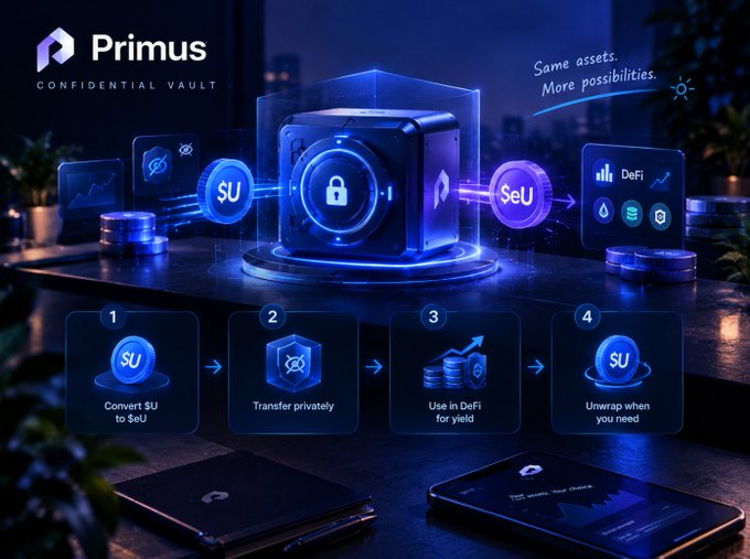 Promotional graphic for 'Primus Confidential Vault' explaining a 4-step process: Convert $U to $eU, Transfer privately, Use in DeFi for yield, and Unwrap when needed, with tagline 'Same assets. More possibilities.'