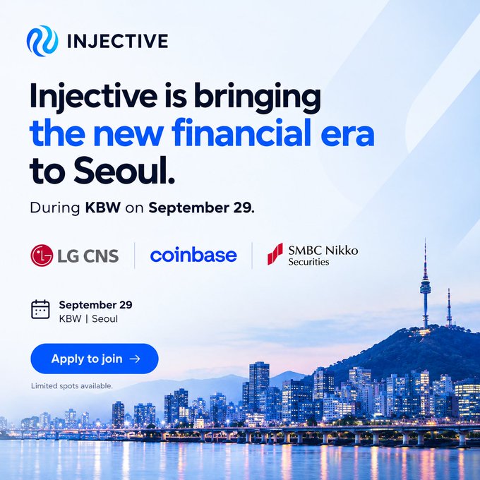 Promotional graphic for Injective announcing 'Injective is bringing the new financial era to Seoul' during KBW on September 29, featuring logos for LG CNS, Coinbase, and SMBC Nikko Securities, with an 'Apply to join' button.