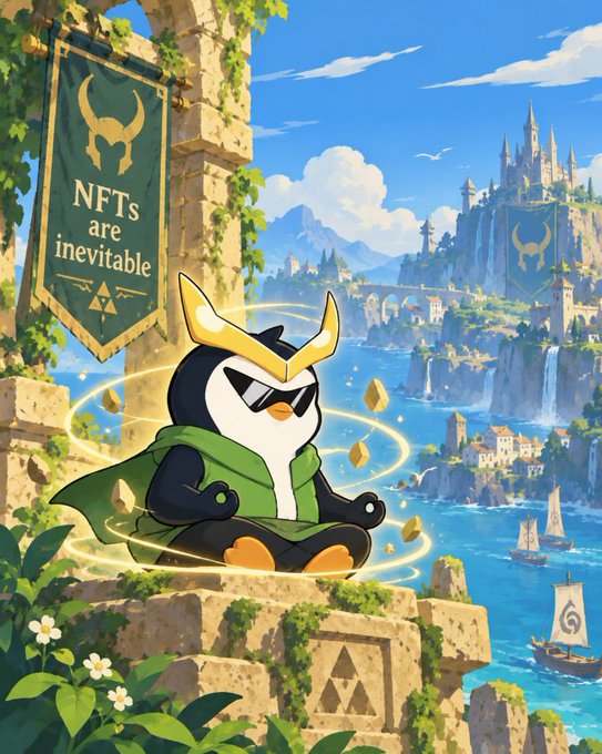 An illustration shows a penguin-like character with sunglasses and a green cape meditating on a stone tower, with a banner reading 'NFTs are inevitable' and a fantasy castle and ocean in the background.
