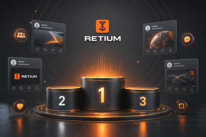The image features a podium with three black pedestals, each adorned with a different social media icon representing Twitter, Instagram, and Facebook. The podium is situated against a dark background, which emphasizes its presence. The text "Retium" can be seen in various parts of the image, including at the top left corner, the bottom right corner, and on the podium itself. Additionally, there are icons for Twitter, Instagram, and Facebook located around the podium.