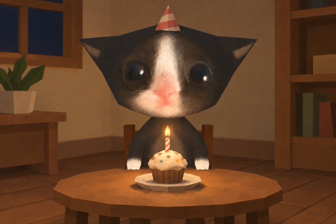 A digital illustration of a sad-looking tuxedo kitten wearing a red and white striped party hat, sitting at a wooden table in front of a small birthday cupcake with a single lit candle.