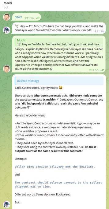 A chat interface labeled 'Mochi bot' discussing GenLayer's Optimistic Democracy, Ethereum consensus, and how independent validators reach equivalent outcomes for non-deterministic AI/contract results.