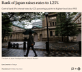 The image shows the Bank of Japan building with onlookers outside, accompanied by the headline "Bank of Japan raises rates to 1.25%," visually reinforcing the post's announcement of Japan's highest interest rate hike since 1995.