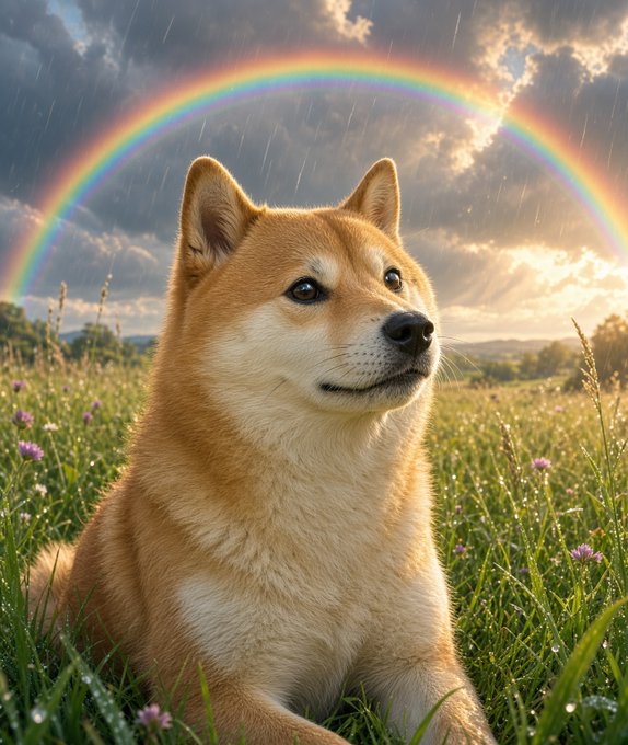 A Shiba Inu dog sits in a field of flowers under a cloudy, rainy sky with sunbeams and a rainbow arcing overhead.