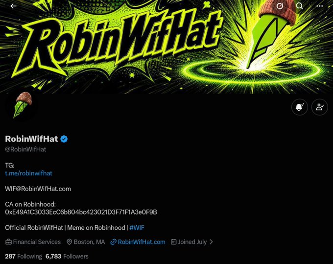 A screenshot of RobinWifHat's (@RobinWifHat) verified X/Twitter profile displaying its bold green and black bat-banner header, bio listing its Telegram (t.me/robinwifhat), email, and Robinhood contract address (0xeE49A1C3033EcC6b804bc423021D3F71F1A3e0F9B), along with 287 following and 6,783 followers—visually establishing the official "Official RobinWifHat | Meme on Robinhood" account referenced in the post announcing 2,222 AI agent identities launching on Robinhood Chain.