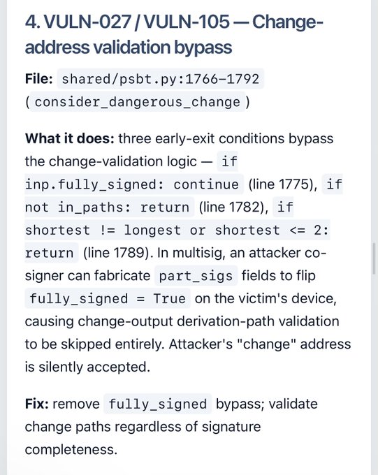 The image shows a technical vulnerability advisory (VULN-027 / VULN-105) for a "Change-address validation bypass" in `shared/psbt.py` lines 1766–1792, detailing how three early-exit conditions (including `if inp.fully_signed`) allow an attacker co-signer to bypass change-validation logic in multisig transactions. This directly supports the post's warning about a critical Coldcard multisig bug where change addresses can falsely appear verified as the user's, making it a legitimate security disclosure that justifies the call to move funds immediately.