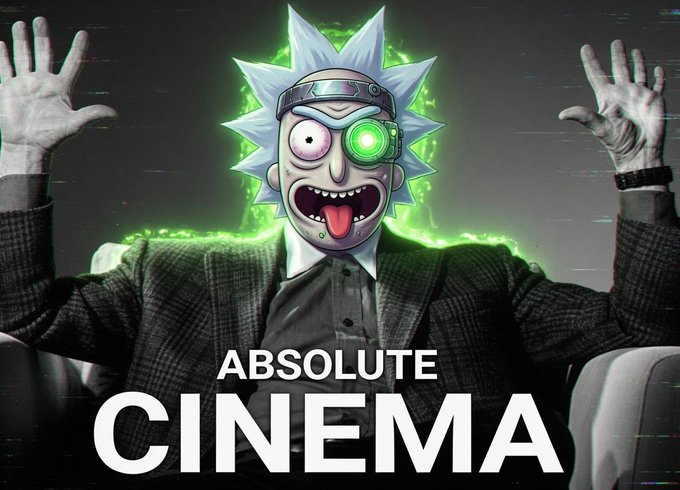 A meme image of a person in a suit with a Rick Sanchez face superimposed, raising their hands with green energy effects, with text 'ABSOLUTE CINEMA' at the bottom.