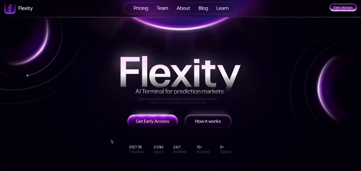 The image features a website called FlexityTV with purple and black colors. The website displays a purple background with white text that reads "FlexityTV" at the top, followed by a list of services offered such as "All-in-one process for markets", "How to use", and "How it works". The website also includes a description of how the site operates, stating that it is an AI terminal that can scan news articles and provide insights on market trends. The image does not contain any text or other objects, but rather focuses on the visual elements of the website's design and content.