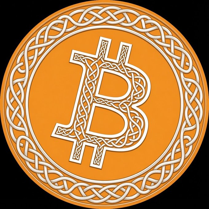 An orange Bitcoin coin featuring a white Celtic knot border and a stylized 'B' in the center composed of similar knotwork designs.