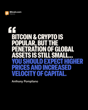 A quote graphic on a black background displays a statement from Anthony Pompliano (@APompliano) on Bitcoin.com, reading: "Bitcoin & crypto is popular, but the penetration of global assets is still small… You should expect higher prices and increased velocity of capital." The image visually reinforces Pompliano's post predicting rising demand and capital velocity as crypto adoption grows globally.