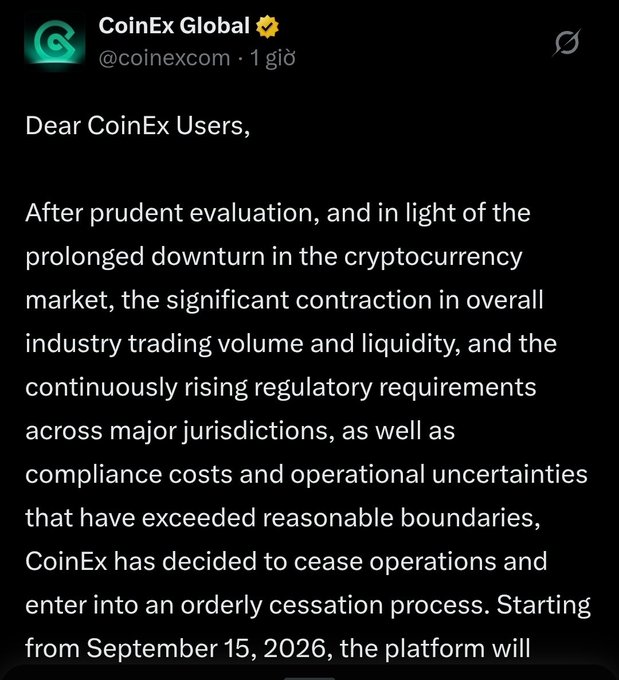 A screenshot of a tweet from verified account 'CoinEx Global (@coinexcom)' announcing that the crypto exchange will cease operations starting September 15, 2026, citing prolonged market downturn, reduced liquidity, and rising regulatory costs.