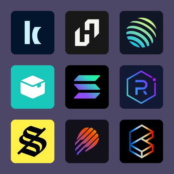 A 3x3 grid of cryptocurrency logos including Kava (k), Polkadot (Polkadot symbol), Stellar (XLM), Tezos (XTZ), Solana, Ravencoin (R), Bittorrent/Sun.io (S), and others, with stylized geometric and spherical designs in neon colors against dark backgrounds—visually representing the diverse ecosystems whose stablecoins derive value and demand from their underlying utility.