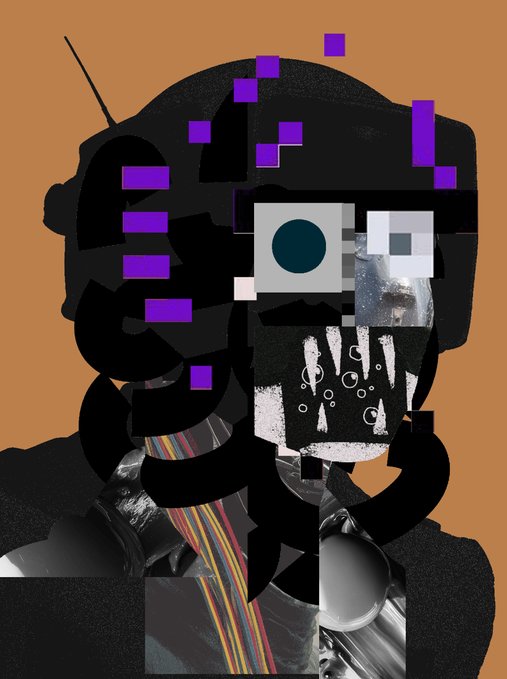 An abstract glitch-art portrait composed of fragmented black shapes, purple pixel blocks, a single eye, and textured patterns against an orange background.
