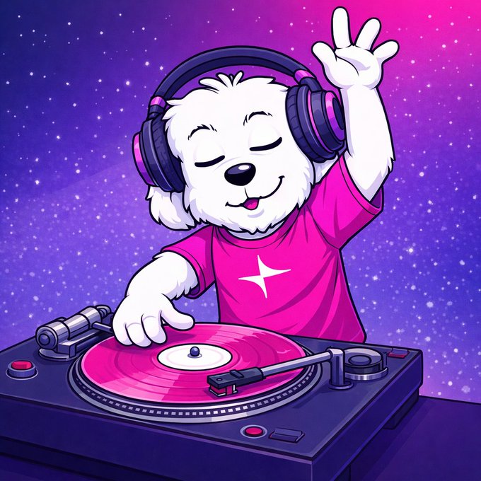 A digital illustration of a white dog DJ with a black nose, wearing purple headphones and a pink shirt, mixing records on a turntable with a pink vinyl record against a starry purple sky background.