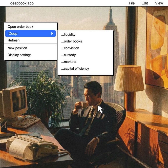 A vintage-style image showing a retro computer interface for 'deepbook.app' with a menu including options like 'Open order book,' 'Deep,' 'Refresh,' and 'New position,' overlaid on an illustration of a businessman drinking coffee in an office overlooking a city.