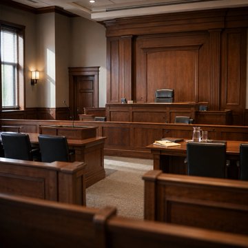 An empty wood-paneled courtroom with rows of benches facing the judge's bench, setting the legal backdrop for The Digital Chamber's amicus brief filed in the New York lawsuit over dormant Bitcoin wallets.