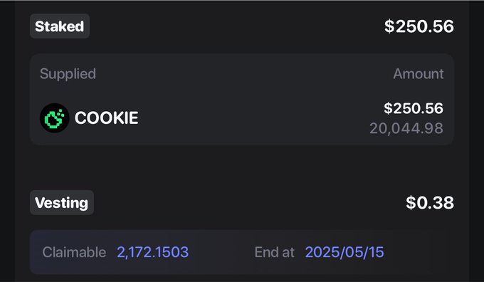 A dark-themed interface showing a 'Staked' amount of $250.56 in COOKIE (with supplied amount 20,044.98), a 'Vesting' section showing $0.38, with 'Claimable 2,172.1503' and 'End at 2025/05/15'.