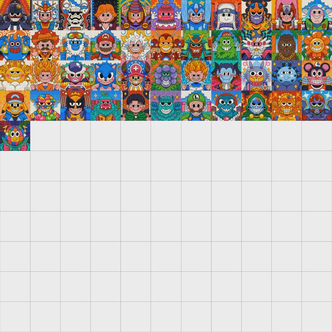 A grid of colorful cartoon character avatars, including various creatures, animals, and stylized human figures, with most of the grid below them left blank.