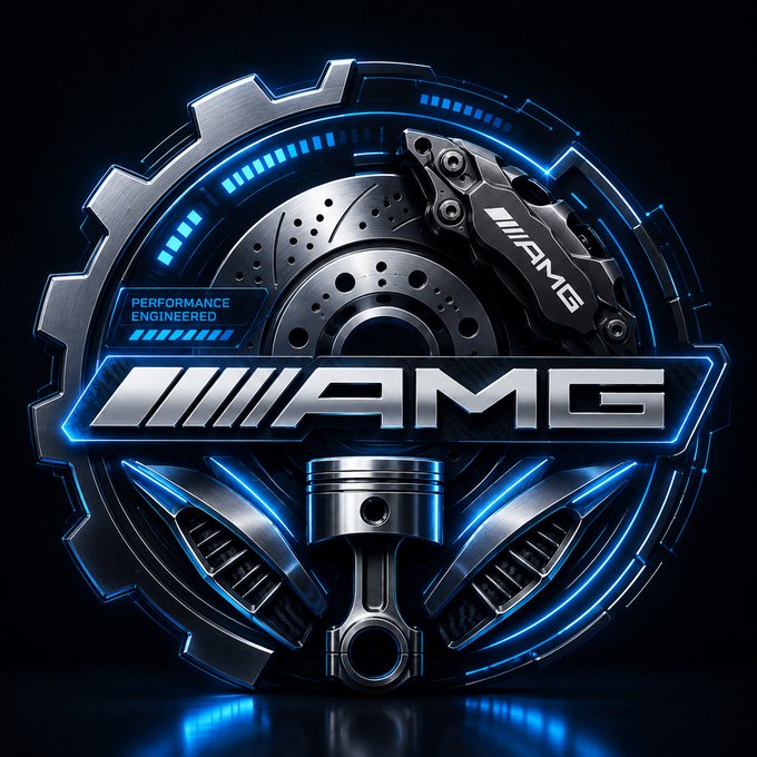 A stylized "AMG Performance Engineered" logo featuring a brake rotor, caliper, and piston with glowing blue neon accents. The image serves as a generic high-performance branding graphic, having no direct connection to the $MEMX memecoin promotion on Pump.fun.