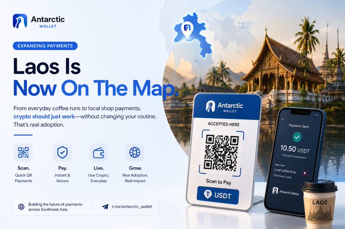Antarctic Wallet advertisement announcing 'Laos Is Now On The Map,' promoting USDT QR code payments for everyday crypto use in Southeast Asia, with t.me/antarctic_wallet.
