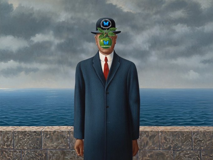A surrealist-style image of a suited figure with a green apple for a face and a bowler hat, both adorned with butterfly logos and leaf-like decorations labeled "quipnetwork," stands before a stormy seascape—visually tying into the post's reminder about Quip Network's new loyalty point milestone for the week.