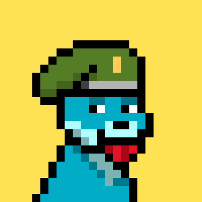 A pixel art illustration shows a blue character wearing a green frog-like hat against a solid yellow background.