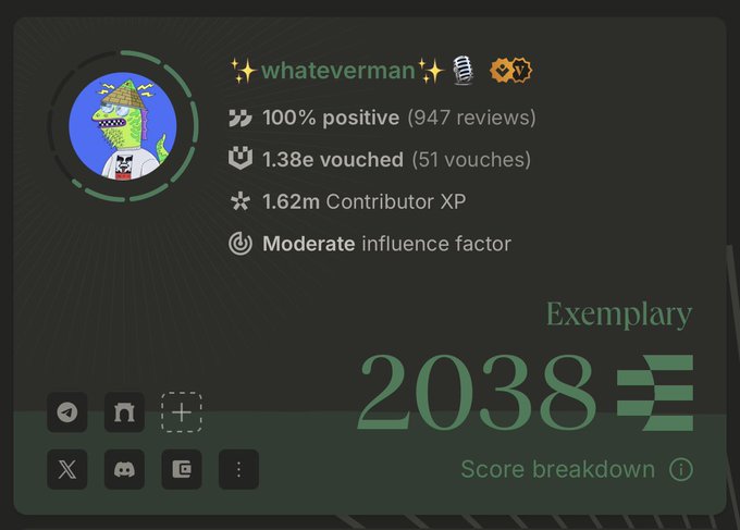 A user profile from Ethos Network displays the username "whateverman" with an "Exemplary" rating score of 2038, 100% positive feedback from 947 reviews, 1.38 ETH vouched across 51 vouchments, and 1.62m Contributor XP, supporting the post's claim of being trustworthy and not a KOL "dumping" on followers.
