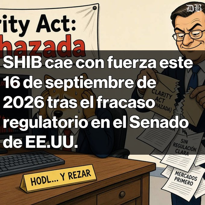 A cartoon image with Spanish text about SHIB cryptocurrency crashing on September 16, 2026, showing a distressed dog and a politician tearing a 'Clarity Act' document.