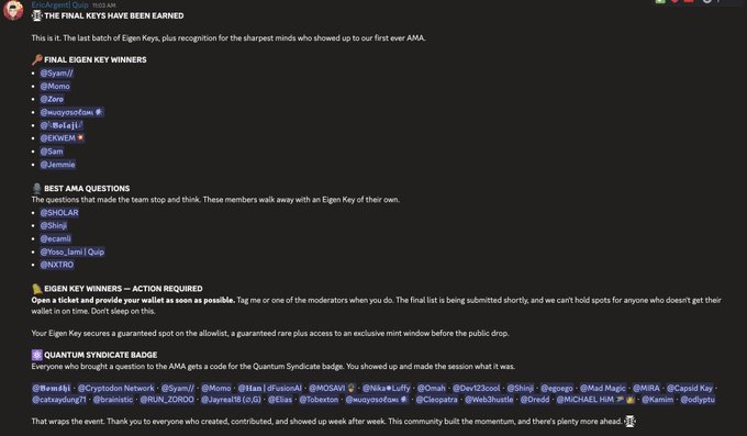 A Discord announcement titled 'THE FINAL KEYS HAVE BEEN EARNED' lists finalists, winners, and best AMA questions for the Eigen Key distribution.