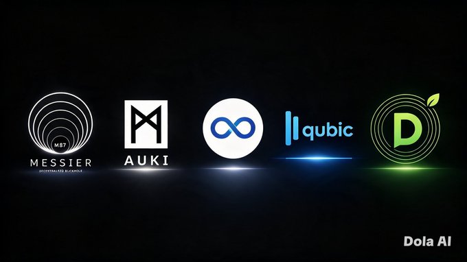A black background displays five logos: Messier (M87), Auki, an infinity symbol, qubic, and a green 'D' logo, with 'Dola AI' written in the bottom right corner.