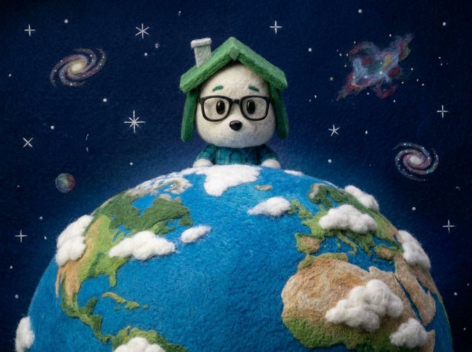 A whimsical illustration of a small white dog wearing a green house-shaped hat and glasses, sitting atop a felted Earth with galaxies and stars in the background.