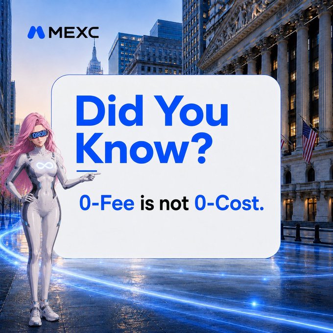 A MEXC exchange advertisement features a futuristic character stating 'Did You Know? 0-Fee is not 0-Cost' against a backdrop of Wall Street.