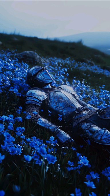 A medieval knight in dark armor lies motionless in a field of blue flowers under a misty sky.