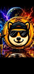 A stylized digital artwork of a Shiba Inu dog wearing sunglasses and a cap, set against a vibrant, colorful cityscape background with the text 'PHC' on the cap.