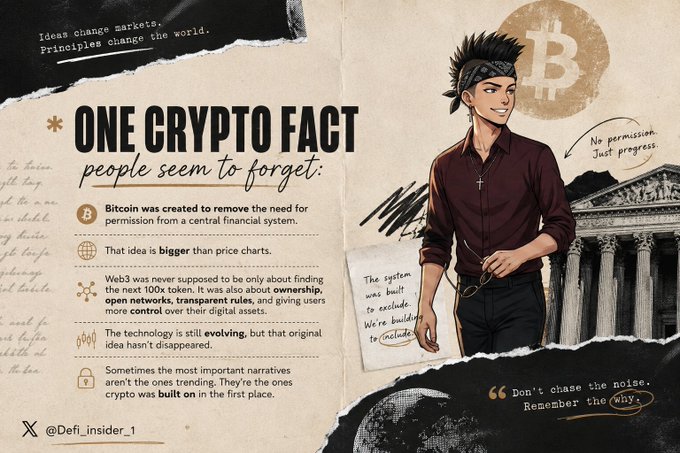 A stylized infographic titled "One Crypto Fact people seem to forget" features an illustrated character with a Bitcoin logo and Greek temple backdrop, highlighting that Bitcoin was created to eliminate centralized financial permission, while a quote reads "Don't chase the noise. Remember the why." and credits @Defi_insider_1.