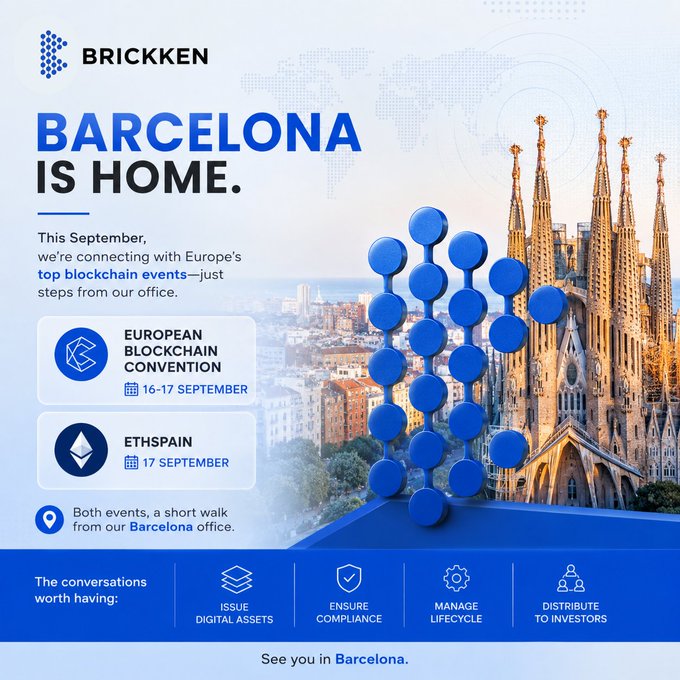 A promotional poster for Brickken titled 'BARCELONA IS HOME,' advertising their attendance at the European Blockchain Convention (Sept 16-17) and EthSpain (Sept 17).