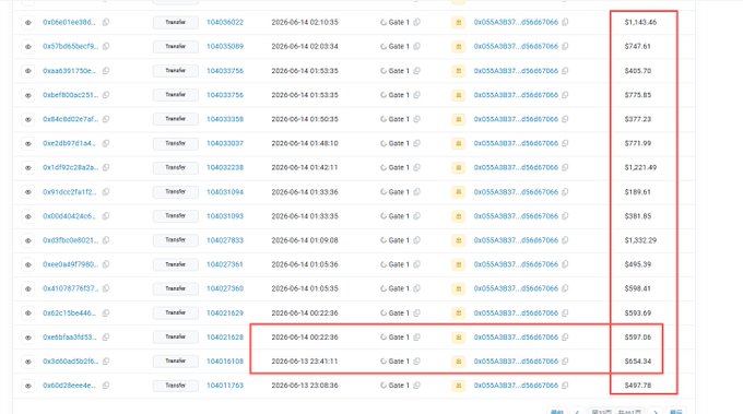 The image displays a transaction log showing multiple transfers of token contract 0x55A53837...d567066 (likely $MYX) in "Gate 1" between June 13-14, 2025, with a red box highlighting a top transfer of $1,143.45 and two lower transfers of $597.06 and $654.34—illustrating the whale accumulation activity referenced in the post about $MYX's price surge since June 14.