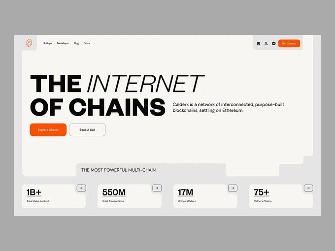 The Caldera.xyz website landing page titled 'THE INTERNET OF CHAINS,' describing it as a network of interconnected purpose-built blockchains settling on Ethereum, with stats showing 1B+ value loaded, 550M transactions, 17M unique wallets, and 75+ Caldera chains.