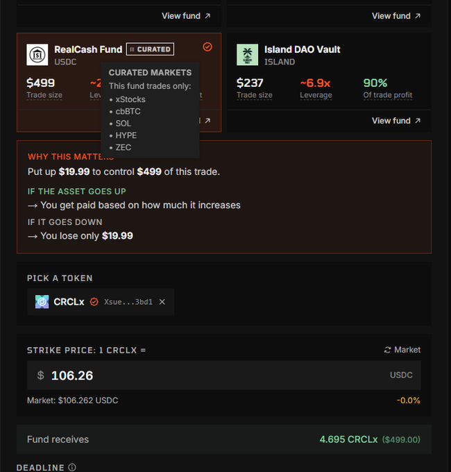 The image shows a screenshot of a stock trading website's interface. The main focus is a list of realcoinsfunds and islanddao vault that are available for investing. On this page, there is also information about cryptocurrency like CRCLX (CoinRL) and TSLA (TSLA), which can be used to diversify the investment portfolio further. A question regarding the current price of CRCLX is posed, along with a possible solution suggesting an increase in funds by picking up a token on the trading platform. The image captures the user interface elements clearly for easy navigation and understanding of the available options.