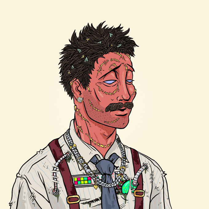 A stylized digital portrait of a character with stitched facial scars, messy dark hair, and an earring, wearing a white shirt with suspenders, a tie, and a colorful pendant necklace. The accompanying post identifies this as "DeGod #7203" (Rank #4536), a Solana-based NFT priced at 5.79 S◎L ($609.19), with the distinctive stitched-up, stitched-together aesthetic characteristic of the DeGods NFT collection.