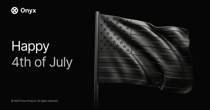 The Onyx-branded image features a black American flag on the right with the text "Happy 4th of July" on the left, accented by the Onyx logo in the top corner, celebrating U.S. Independence Day in alignment with the $XCN post.