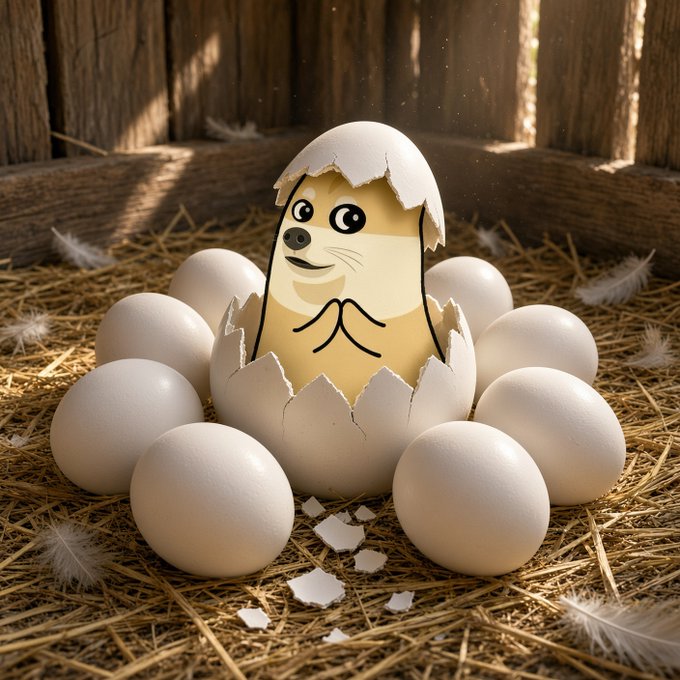 A digital illustration of a cartoon dog puppy hatching from an eggshell in a hay nest, surrounded by whole eggs and broken shell pieces.
